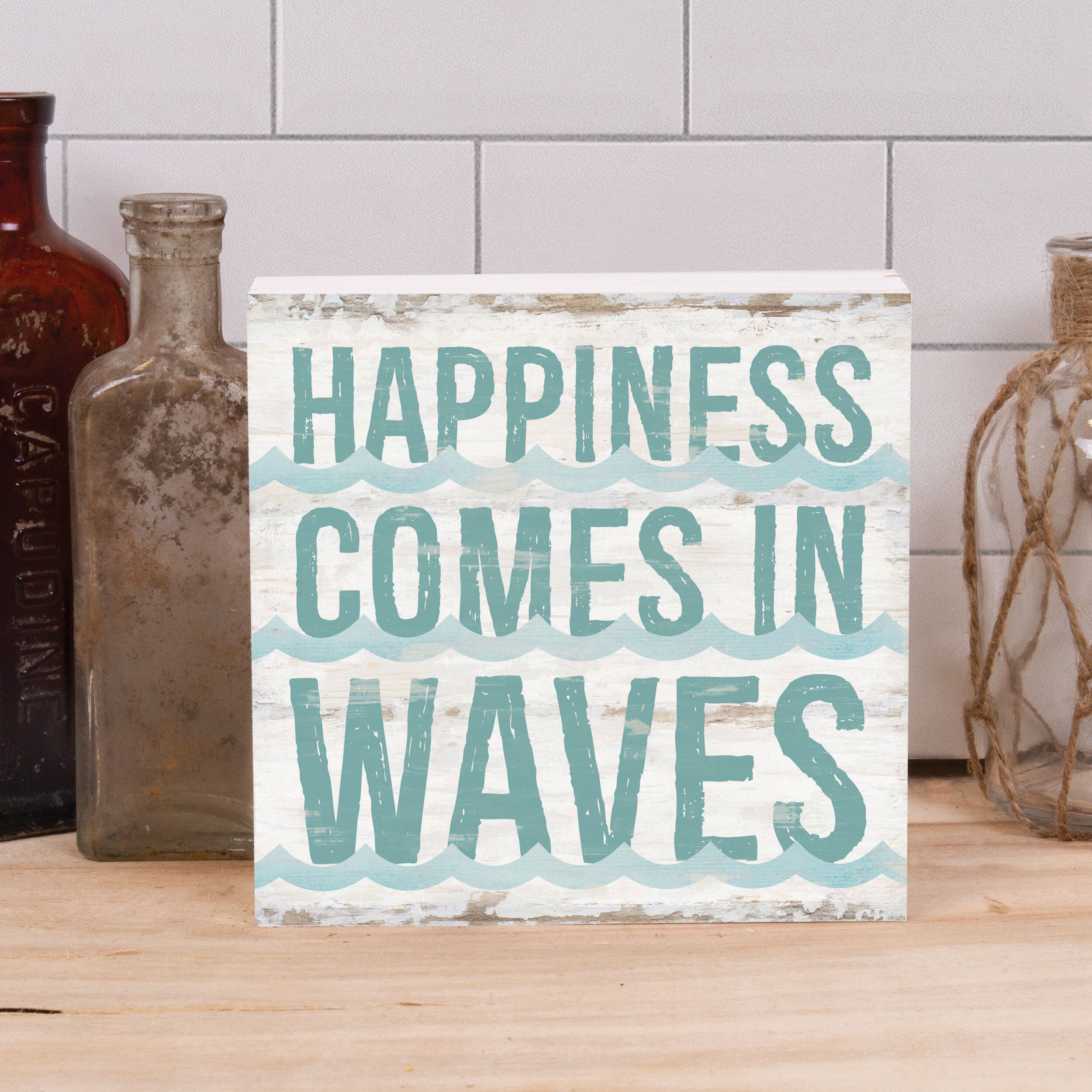 Happiness Comes In Waves Wood Block Décor