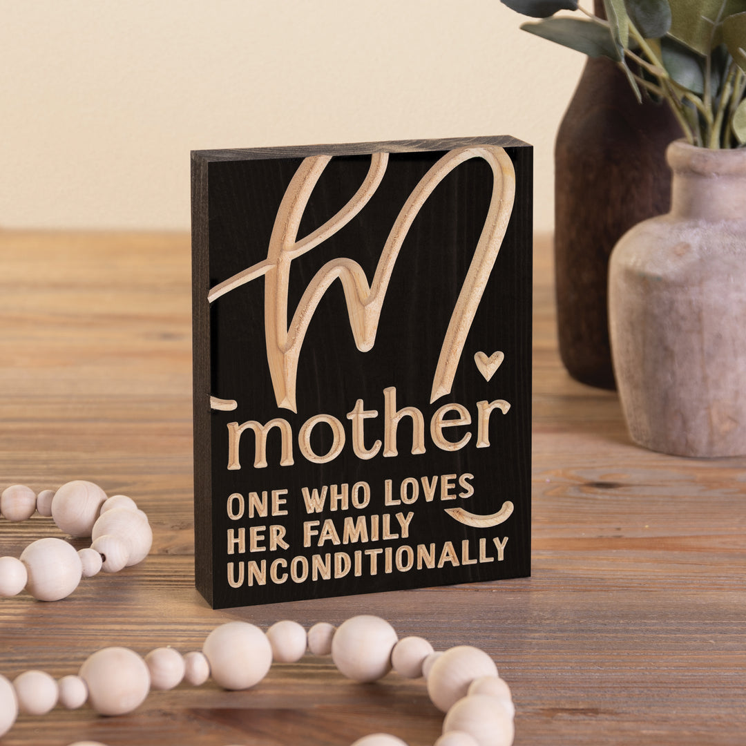 M Mother One Who Loves Her Family Word Block