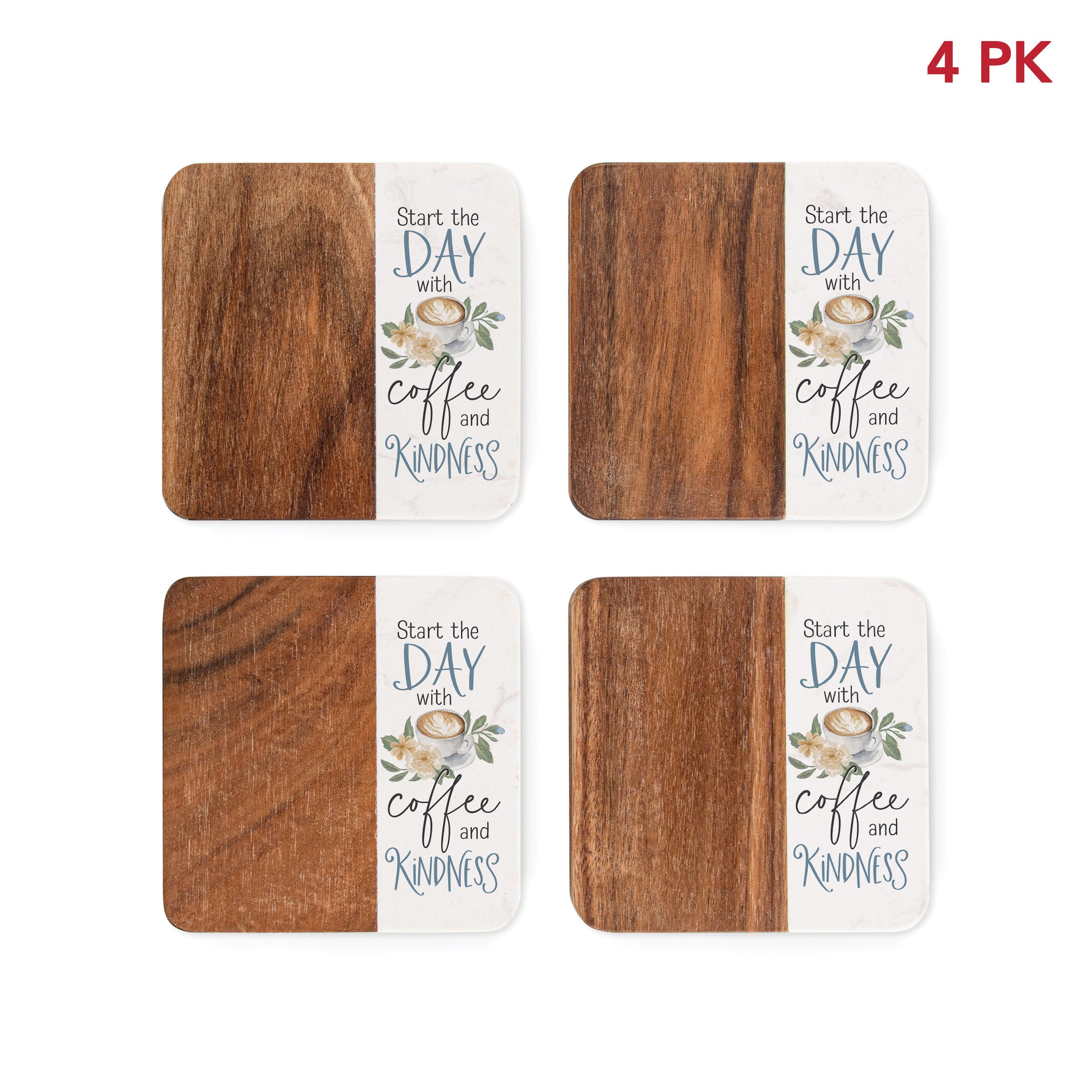 Start Each Day With Coffee & Kindness Acacia Coaster 4-Pack