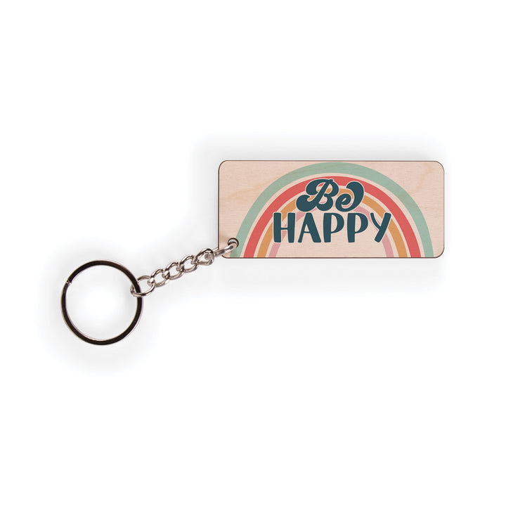 Be Happy Maple Veneer Keychain
