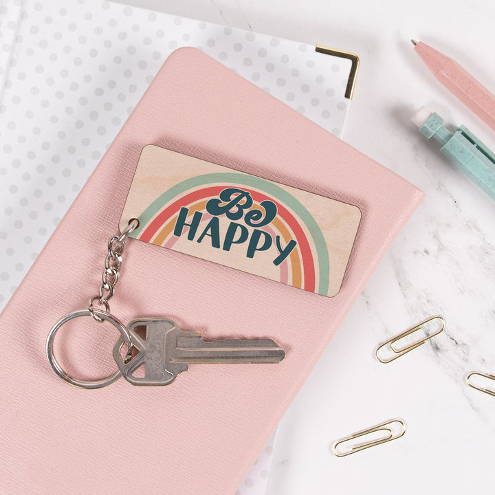 Be Happy Maple Veneer Keychain