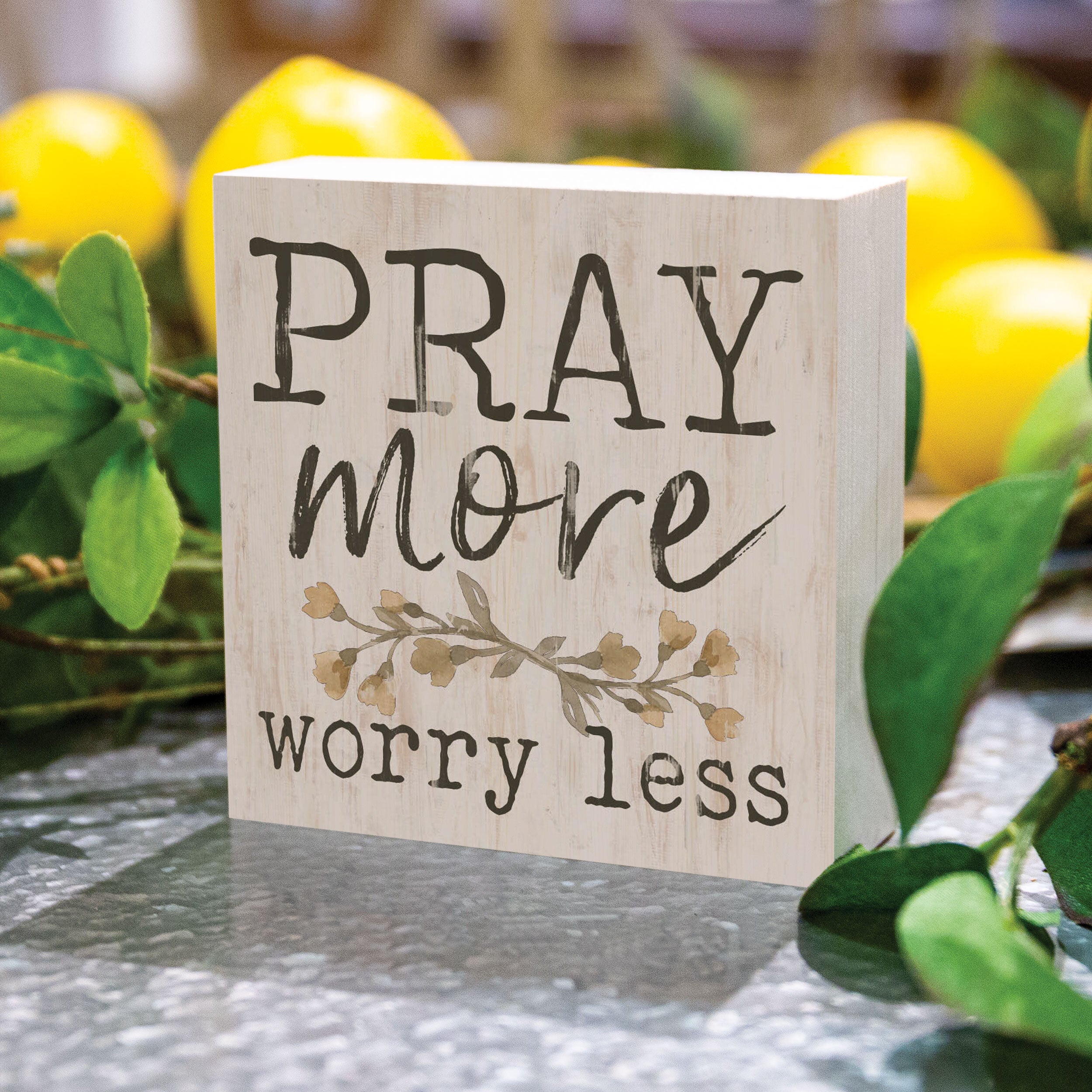 **Pray More Worry Less Square Wood Block